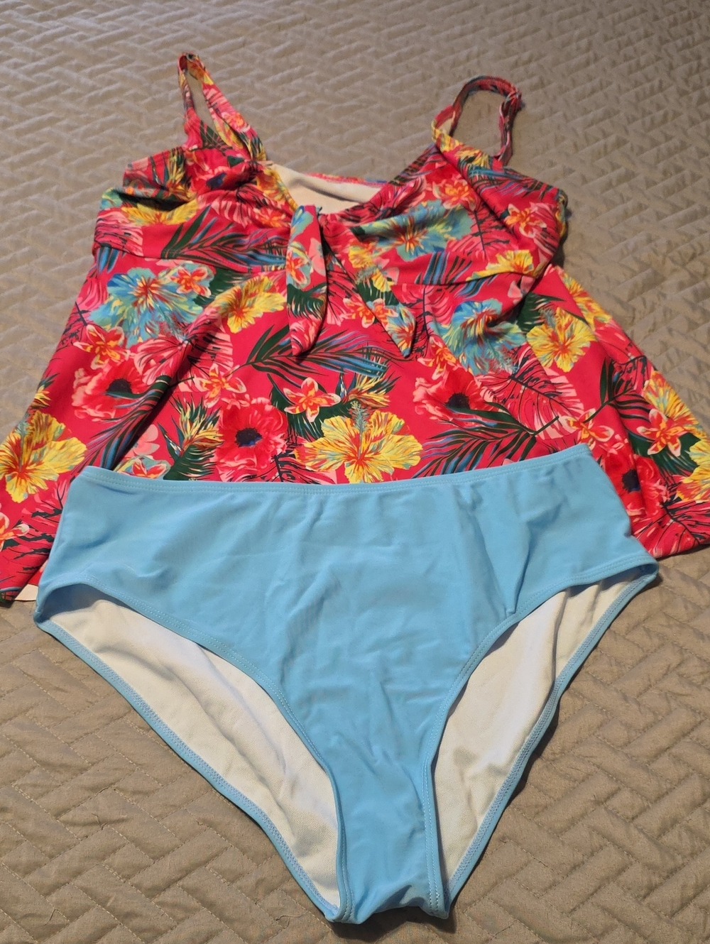 SHEIN Pink Tropical Floral Tankini with Light Blue Bottoms